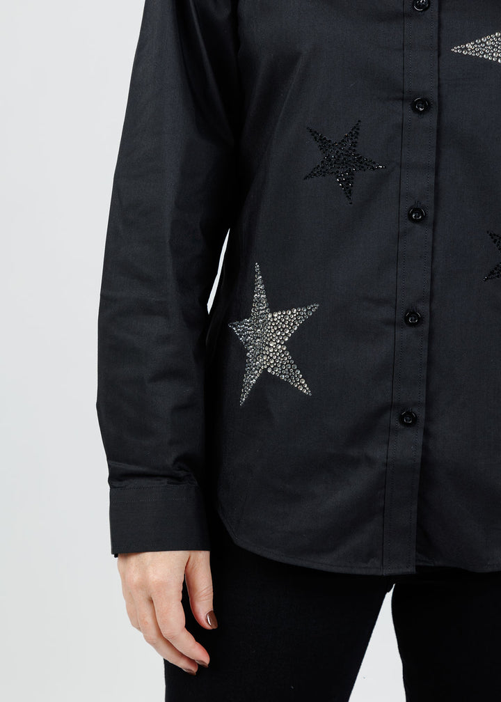 Suzy T Mila Button Down Stars Blouse in Black available at Barbara Katz