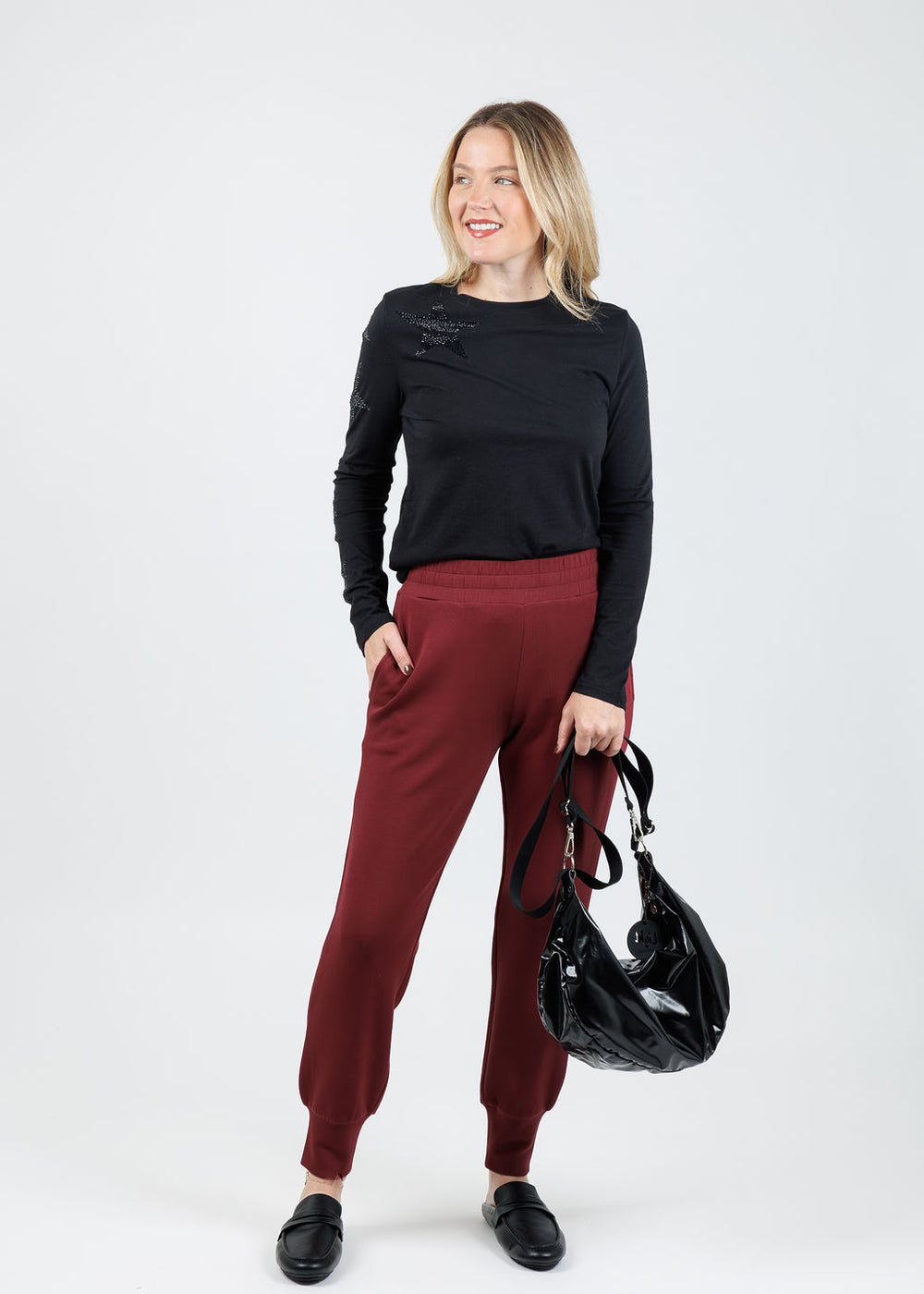 Suzy T Starry Stars Long Sleeve Top in Black available at Barbara Katz