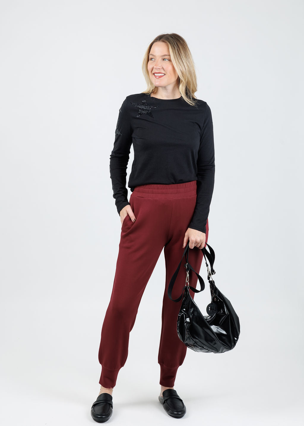 Suzy T Starry Stars Long Sleeve Top in Black available at Barbara Katz
