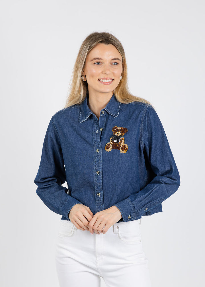 Suzy T Three Teddy Bear Patches Shirt in Denim available at Barbara Katz