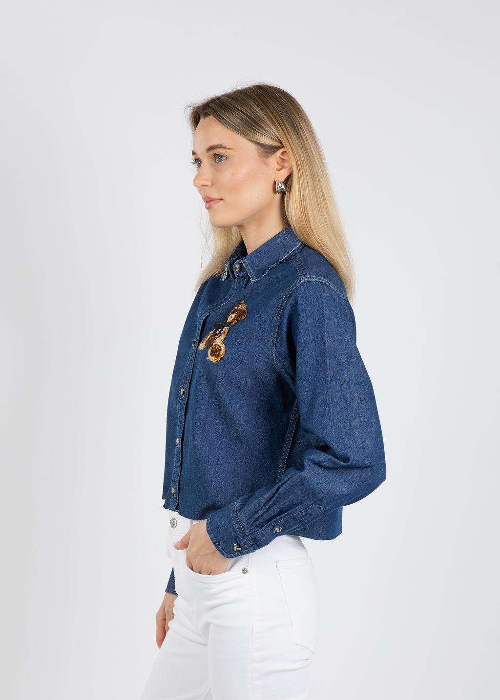 Suzy T Three Teddy Bear Patches Shirt in Denim available at Barbara Katz