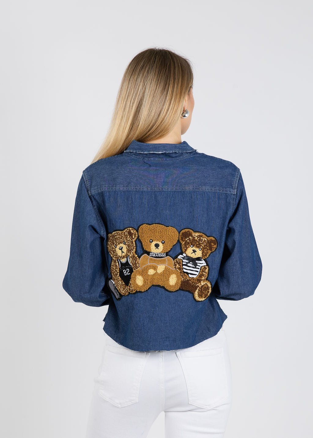 Suzy T Three Teddy Bear Patches Shirt in Denim available at Barbara Katz