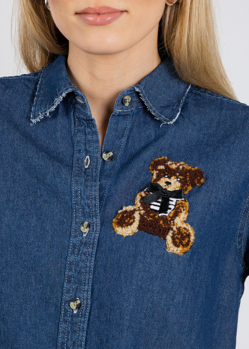 Suzy T Three Teddy Bear Patches Shirt in Denim available at Barbara Katz