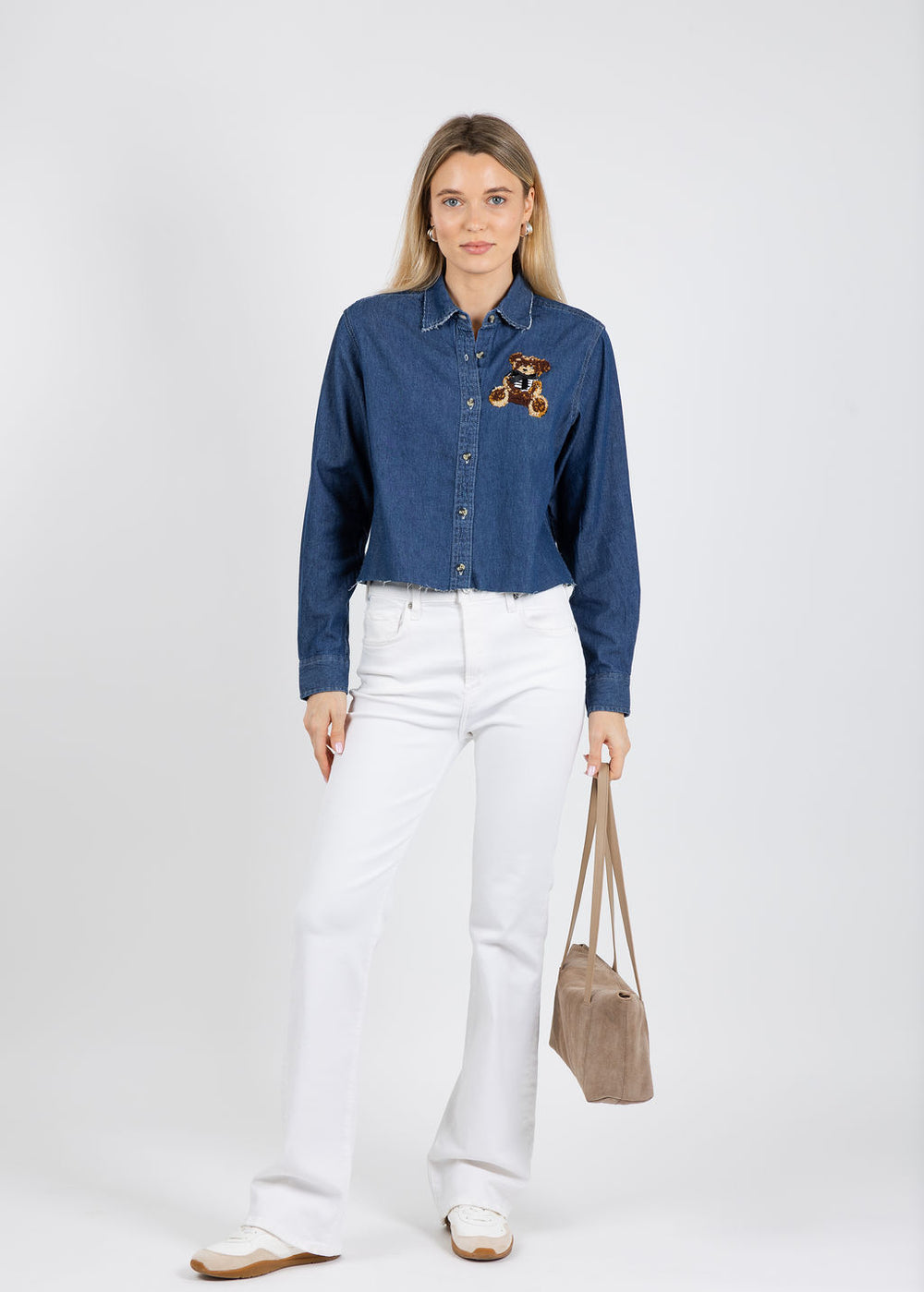 Suzy T Three Teddy Bear Patches Shirt in Denim available at Barbara Katz