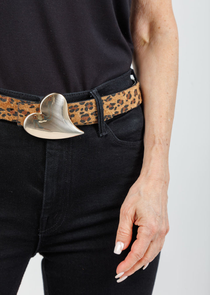 Suzy T Heart Buckle Leopard Belt in Leopard/Gold available at Barbara Katz