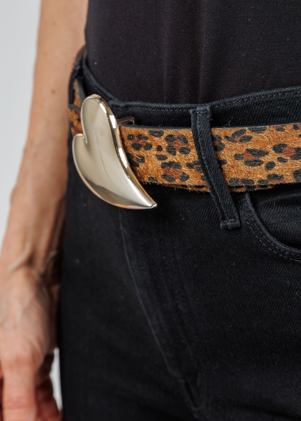 Suzy T Heart Buckle Leopard Belt in Leopard/Gold available at Barbara Katz