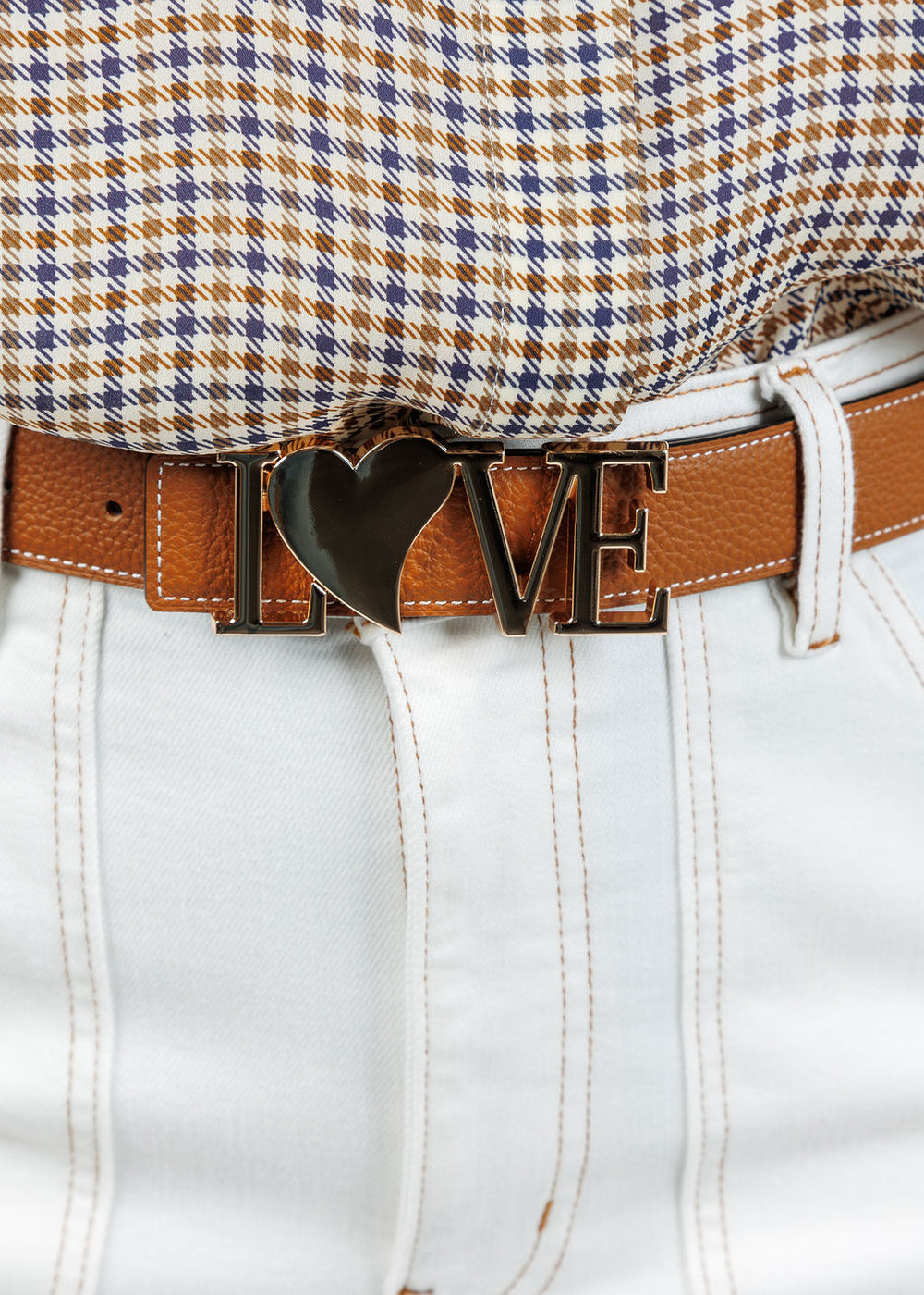 Suzy T Love Belt in Luggage/Gold available at Barbara Katz