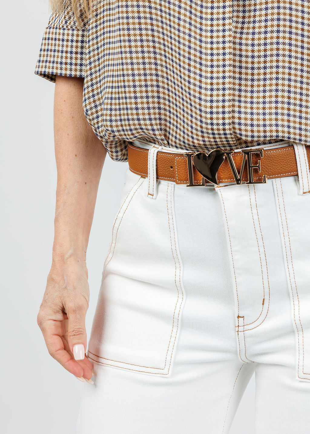 Suzy T Love Belt in Luggage/Gold available at Barbara Katz
