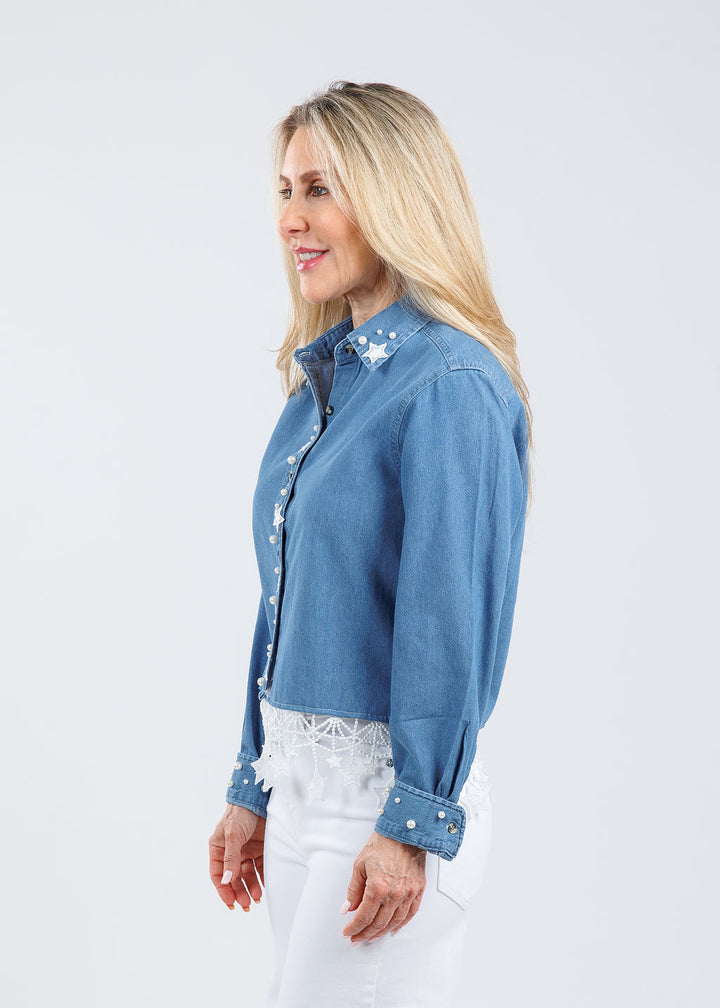Suzy T Denim Stars & Pearls Long Sleeve Shirt available at Barbara Katz