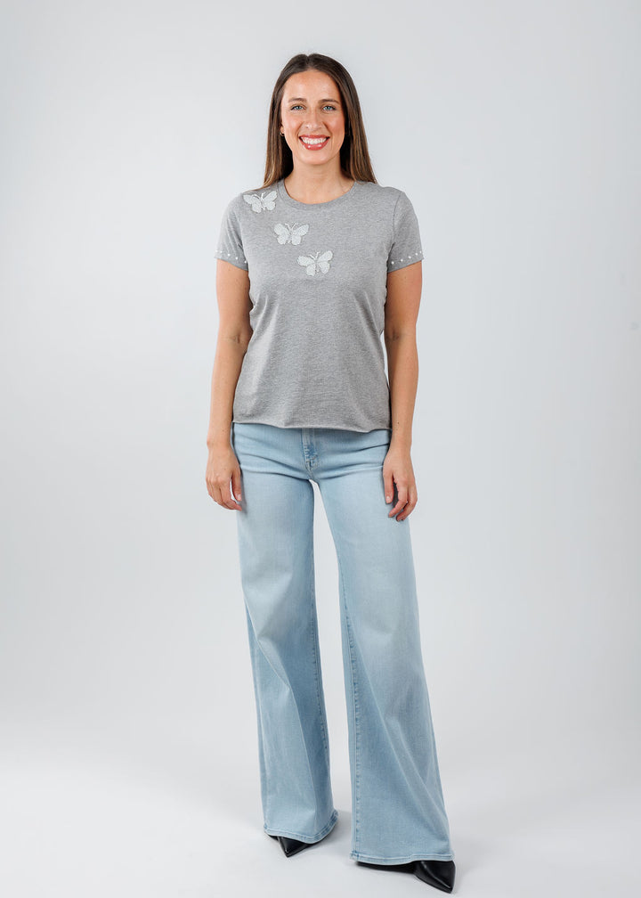 Suzy T Fay Butterflies Top in Light Grey available at Barbara Katz