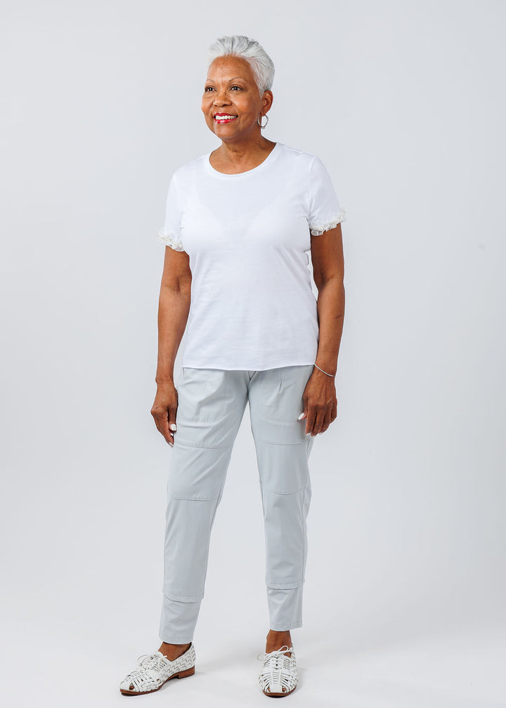 Suzy T Ribbon Top in White paired with Raffaello Rossi Candy Pants in Light Grey available at Barbara Katz