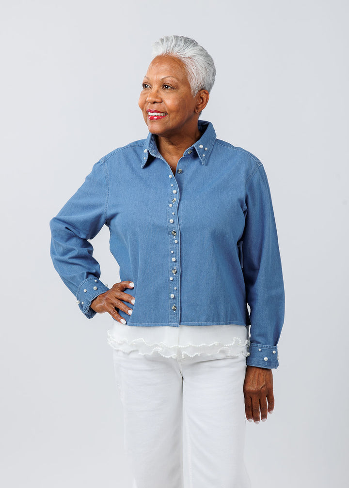 Suzy T Ruffle Denim Shirt With Pearls available at Barbara Katz