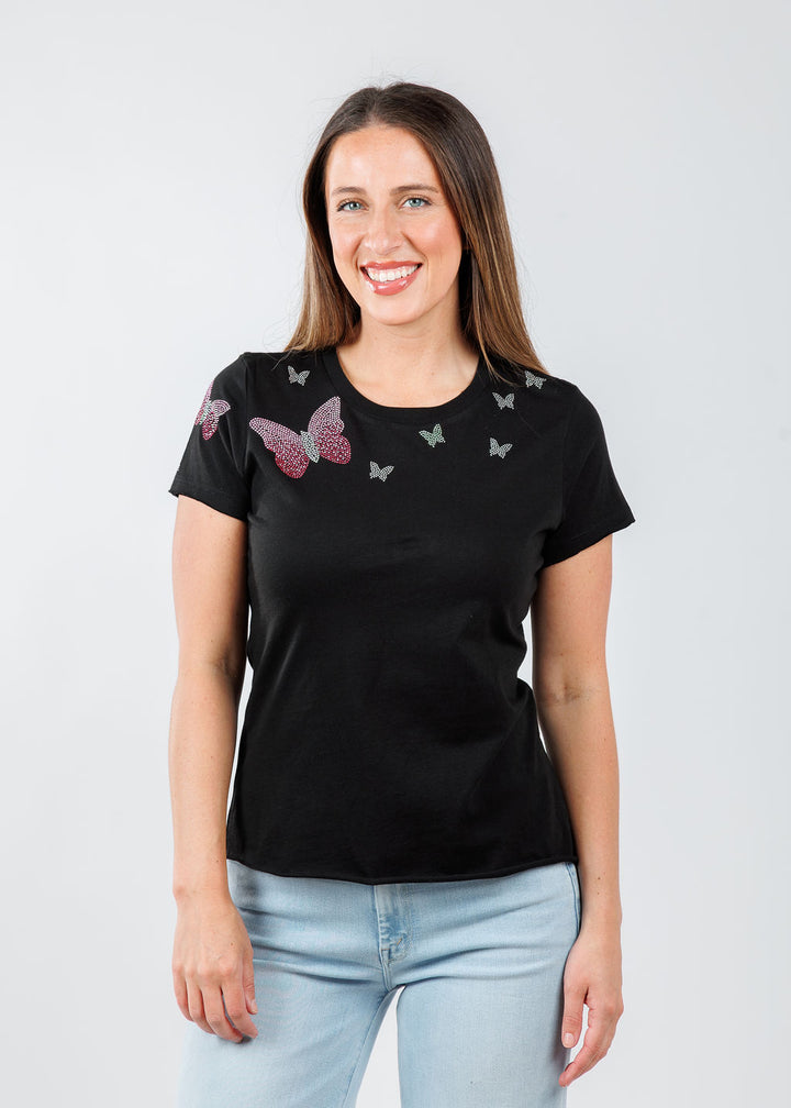 Suzy T Samy Pink Butterflies Top in Black available at Barbara Katz