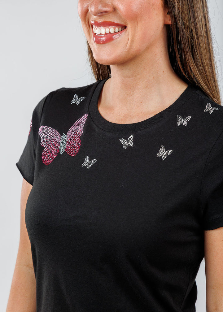 Suzy T Samy Pink Butterflies Top in Black available at Barbara Katz