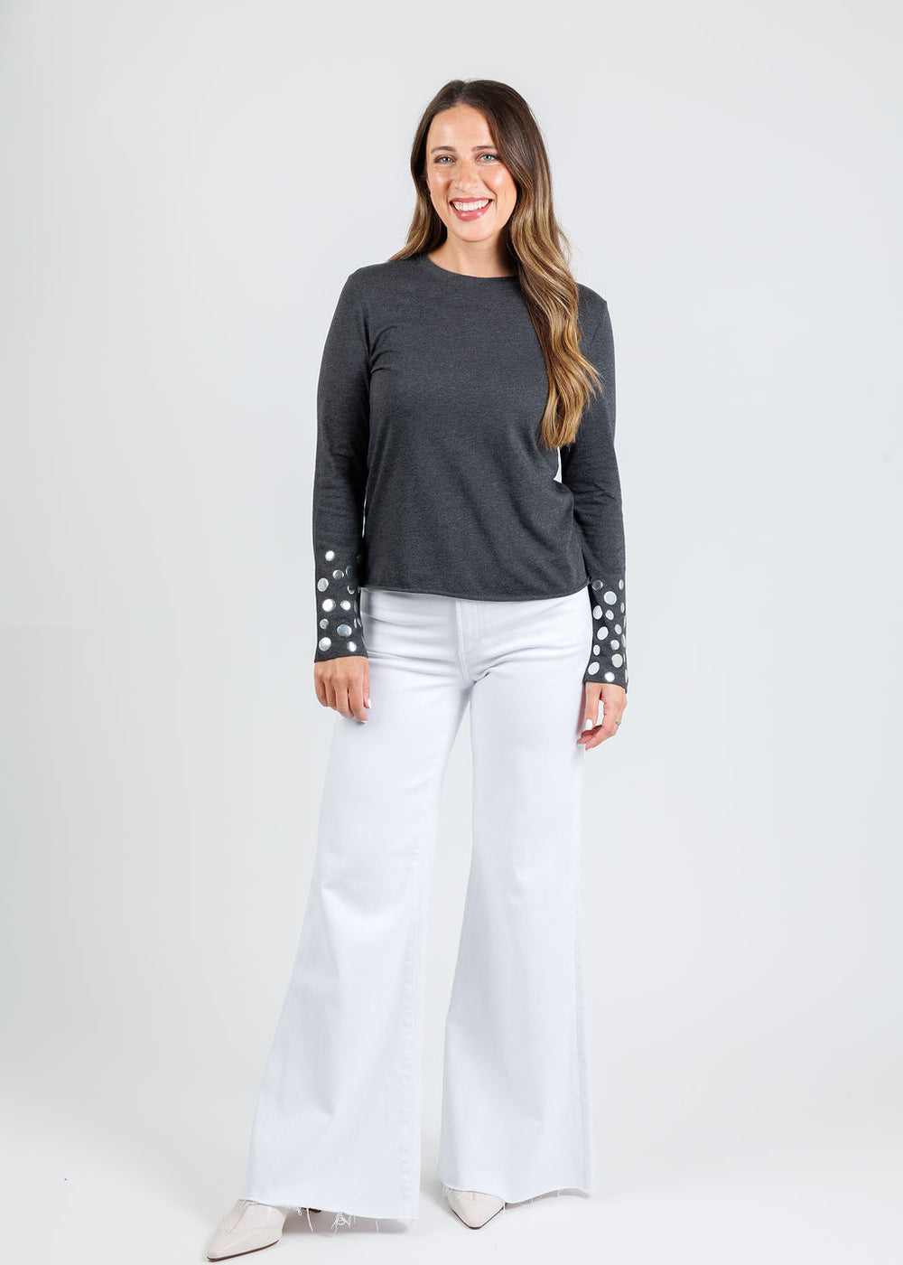 Suzy T Stud Long Sleeve T-Shirt in Charcoal available at Barbara Katz