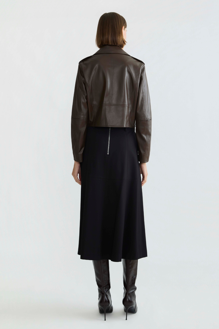 Adroit Atelier Tyra Stretch Vegan Leather Biker Jacket in Java available at Barbara Katz