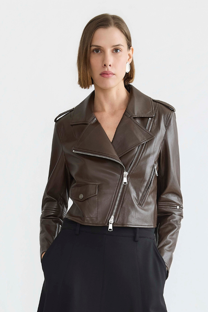 Adroit Atelier Tyra Stretch Vegan Leather Biker Jacket in Java available at Barbara Katz