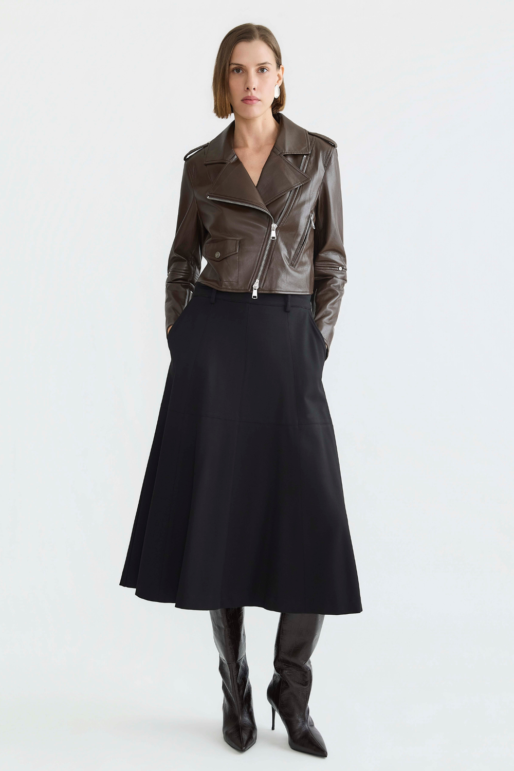 Adroit Atelier Tyra Stretch Vegan Leather Biker Jacket in Java available at Barbara Katz