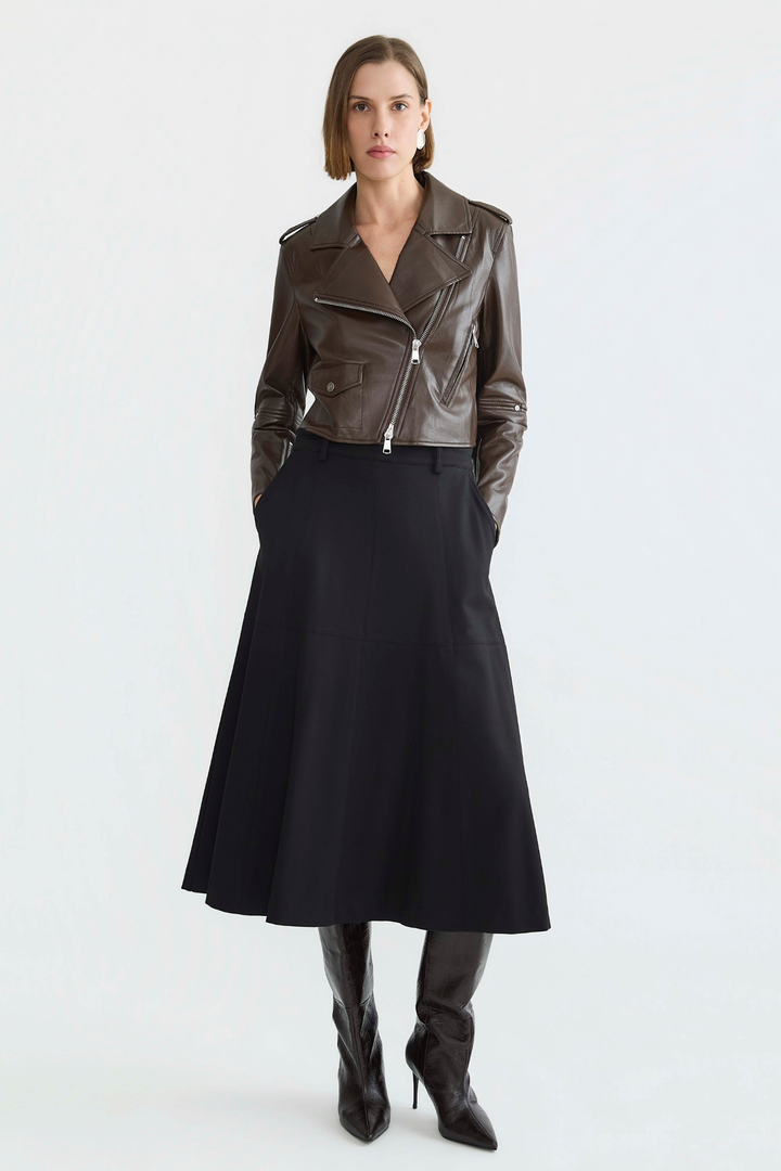Adroit Atelier Tyra Stretch Vegan Leather Biker Jacket in Java available at Barbara Katz
