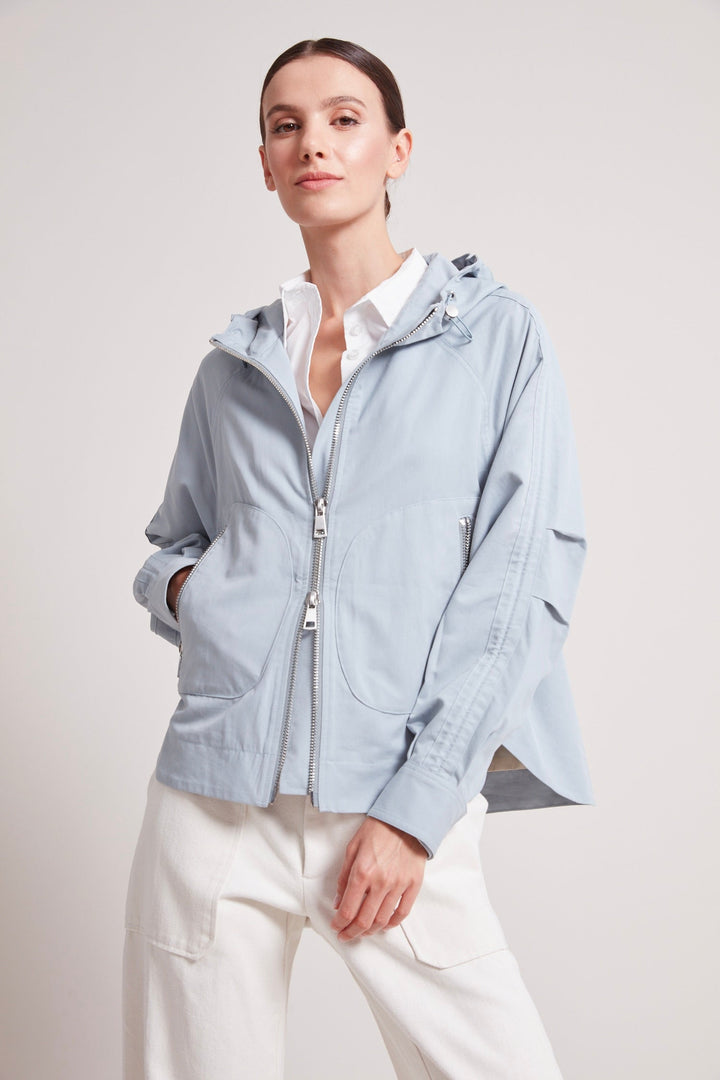 Adroit Atelier Taika Hooded Raglan Sleeve Jacket in Cloud Blue available at Barbara Katz