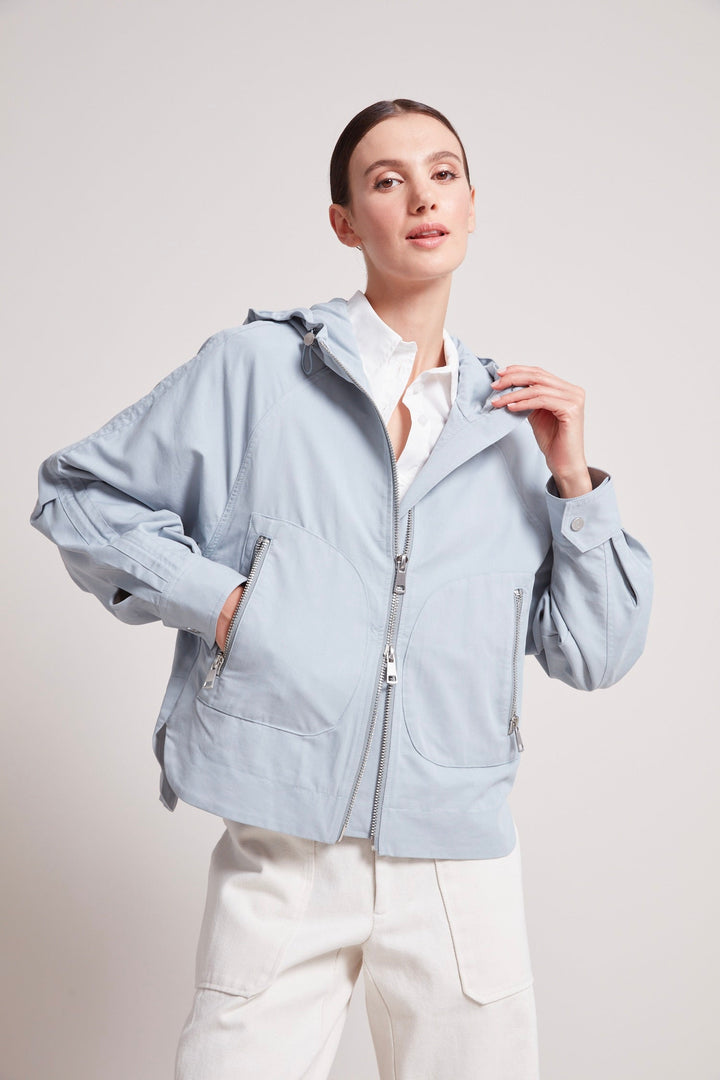 Adroit Atelier Taika Hooded Raglan Sleeve Jacket in Cloud Blue available at Barbara Katz