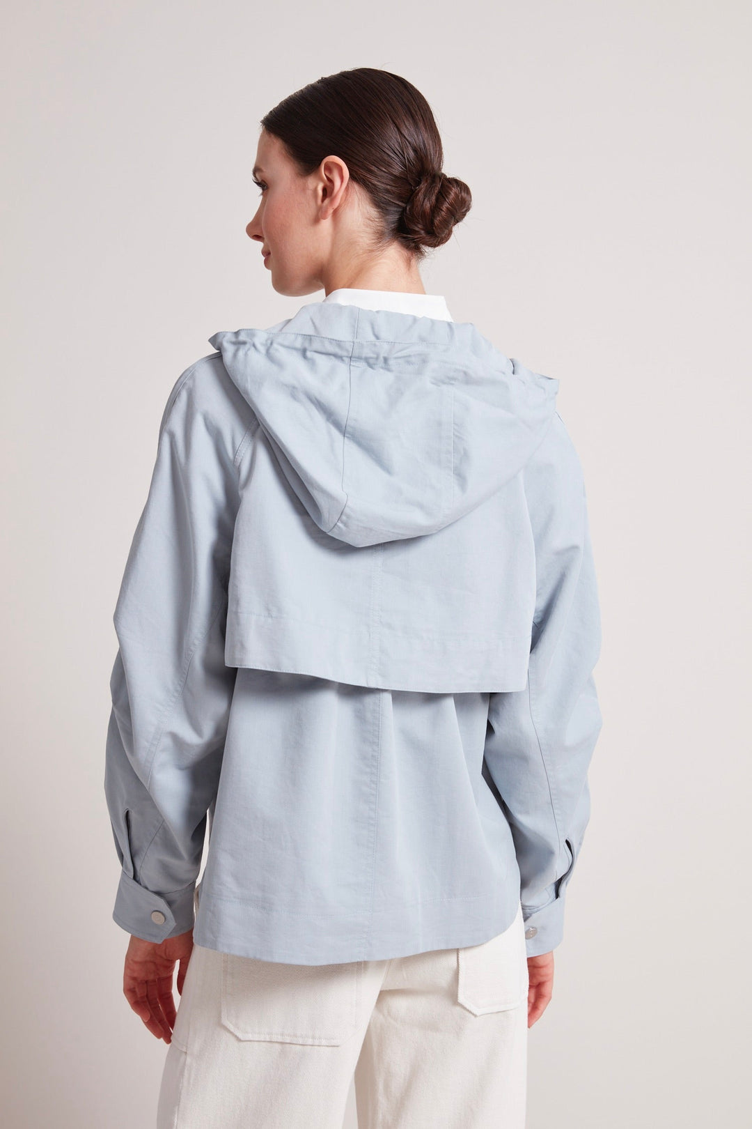 Adroit Atelier Taika Hooded Raglan Sleeve Jacket in Cloud Blue available at Barbara Katz