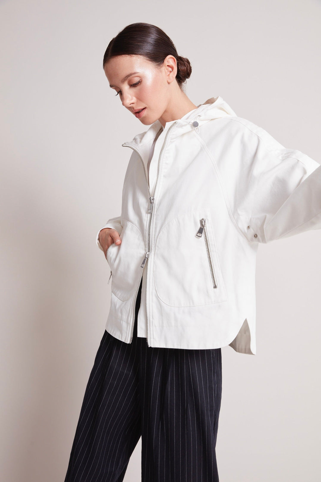 Adroit Atelier Taika Hooded Raglan Sleeve Jacket in Cloud Blue available at Barbara Katz