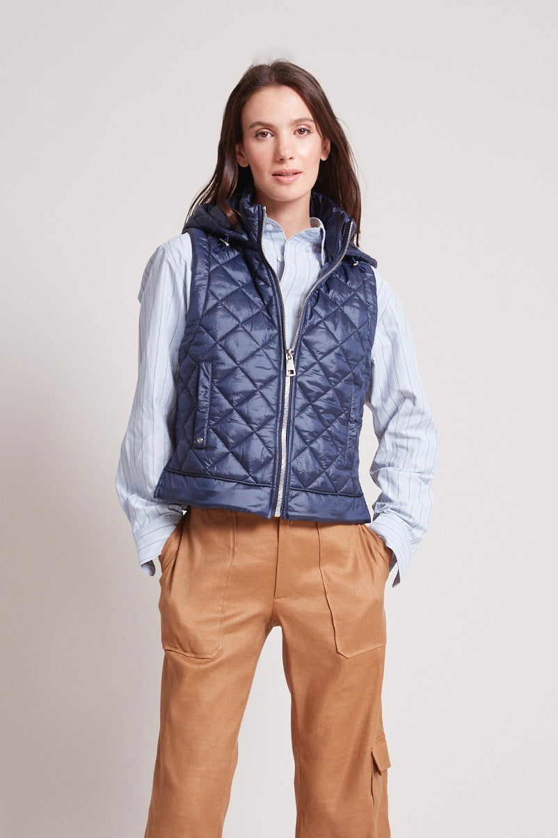 Adroit Atelier Talia Quilted Gilet With Removable Hood in Navy available at Barbara Katz