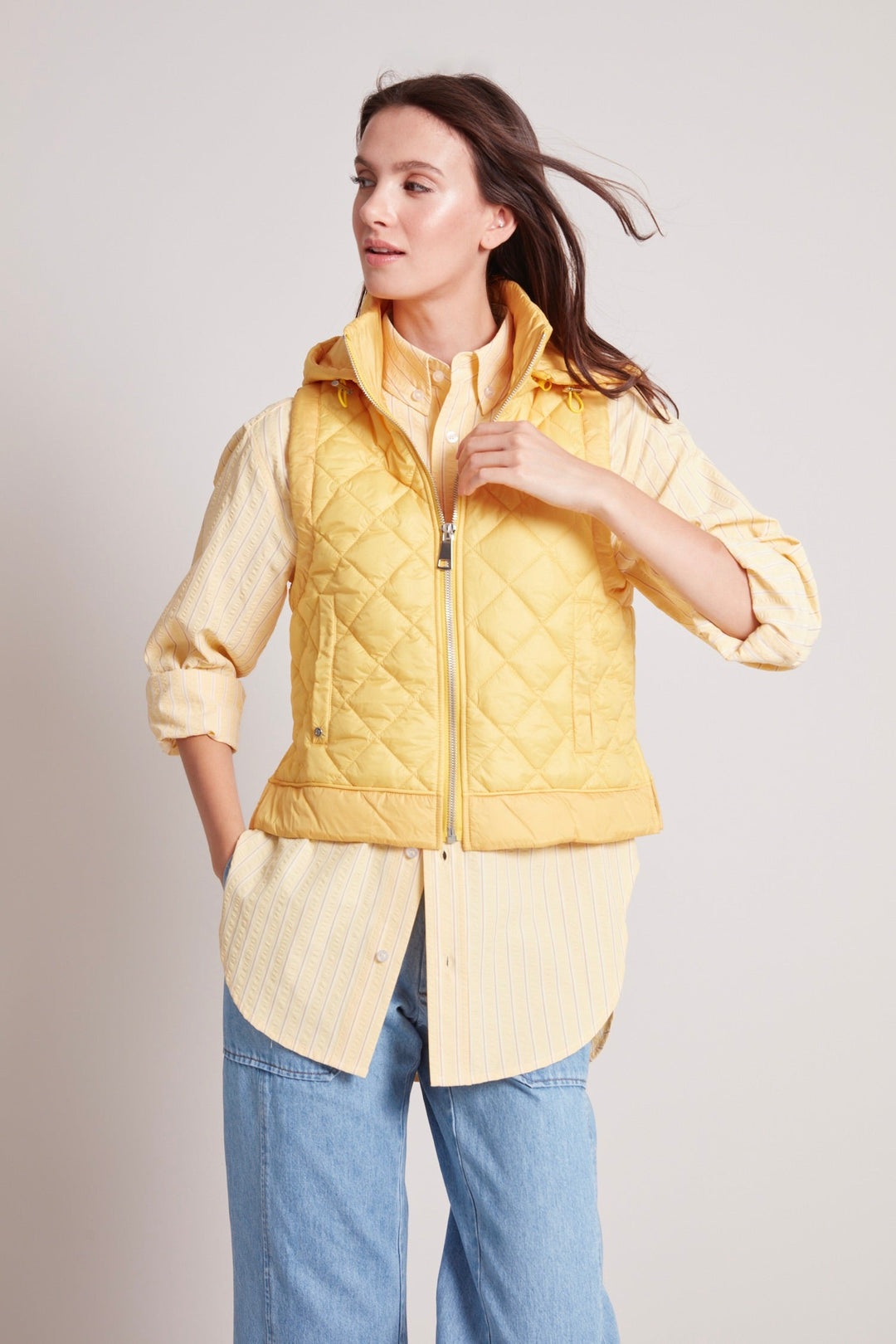Adroit Atelier Talia Quilted Gilet With Removable Hood in Sunshine Yellow available at Barbara Katz