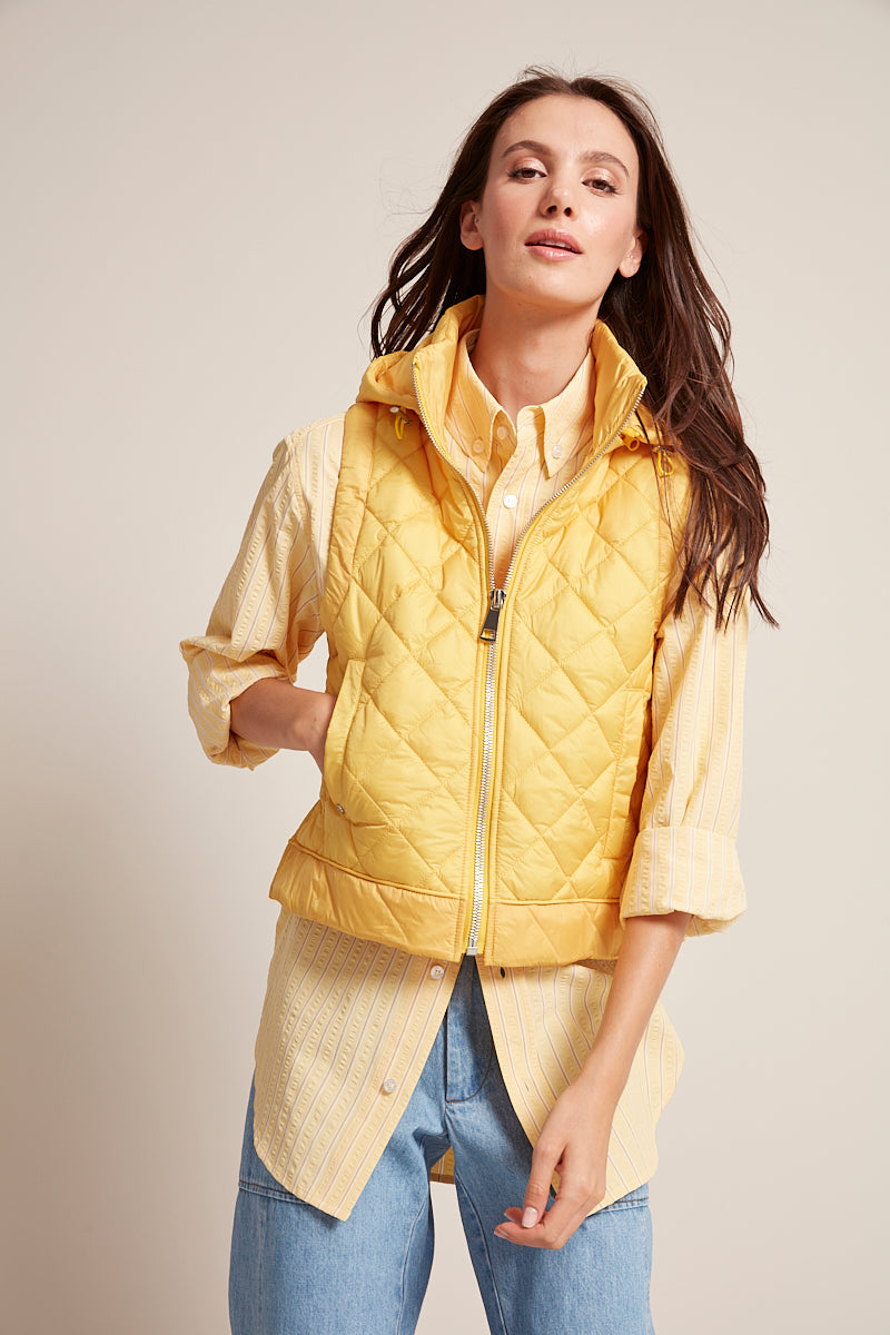 Adroit Atelier Talia Quilted Vest With Removable Hood in Sunshine Yellow available at Barbara Katz