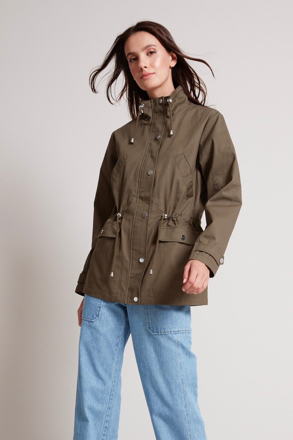 Adroit Atelier Tallulah Funnel Neck Anorak in Olive available at Barbara Katz