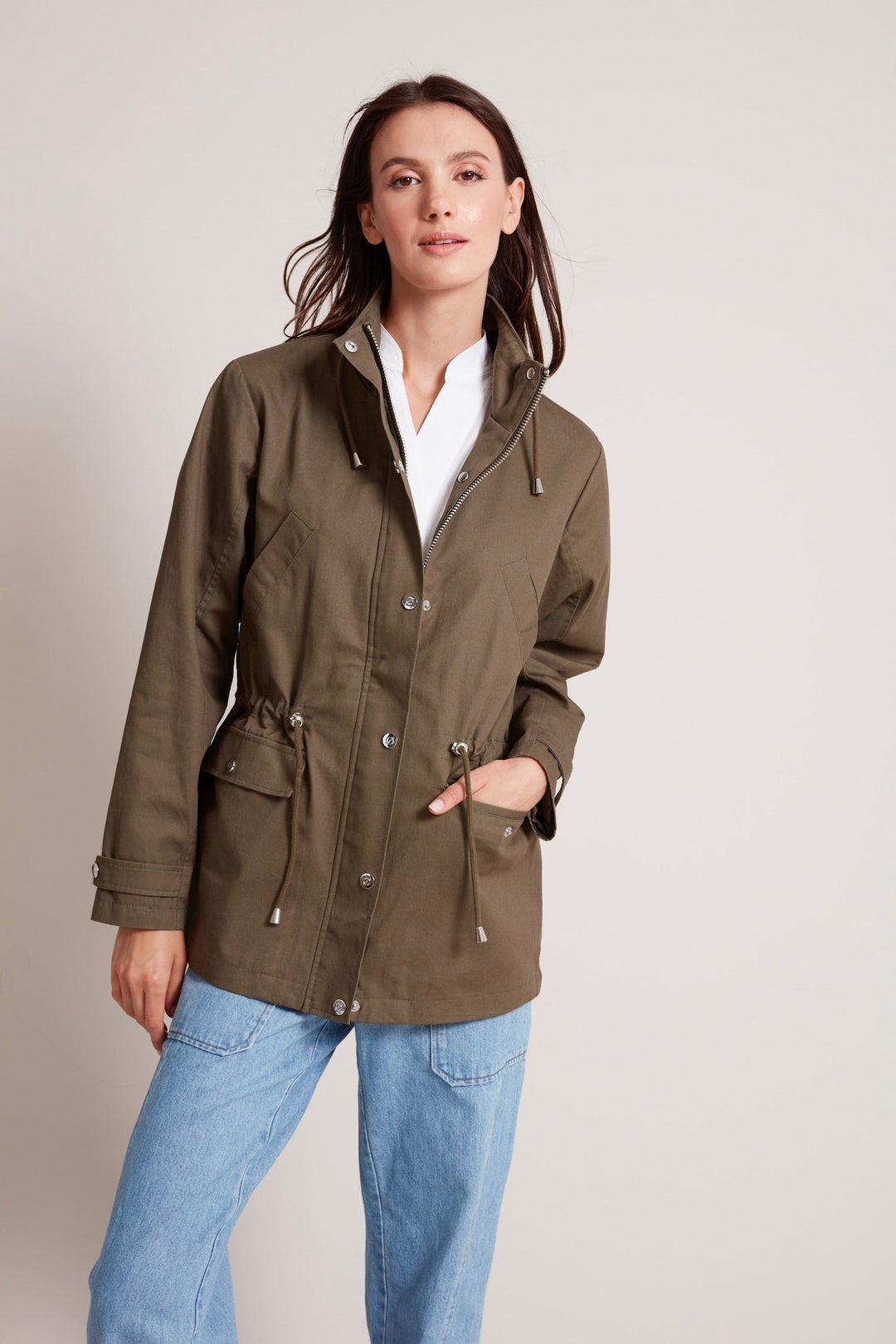 Adroit Atelier Tallulah Funnel Neck Anorak in Olive available at Barbara Katz