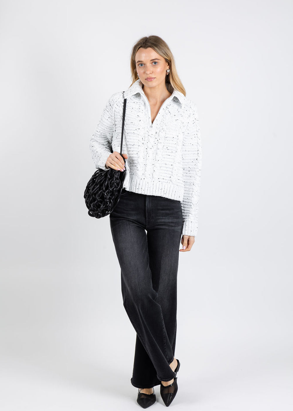 BK Tasha Cable Chenille Half-Zip Sweater in Black/White available at Barbara Katz