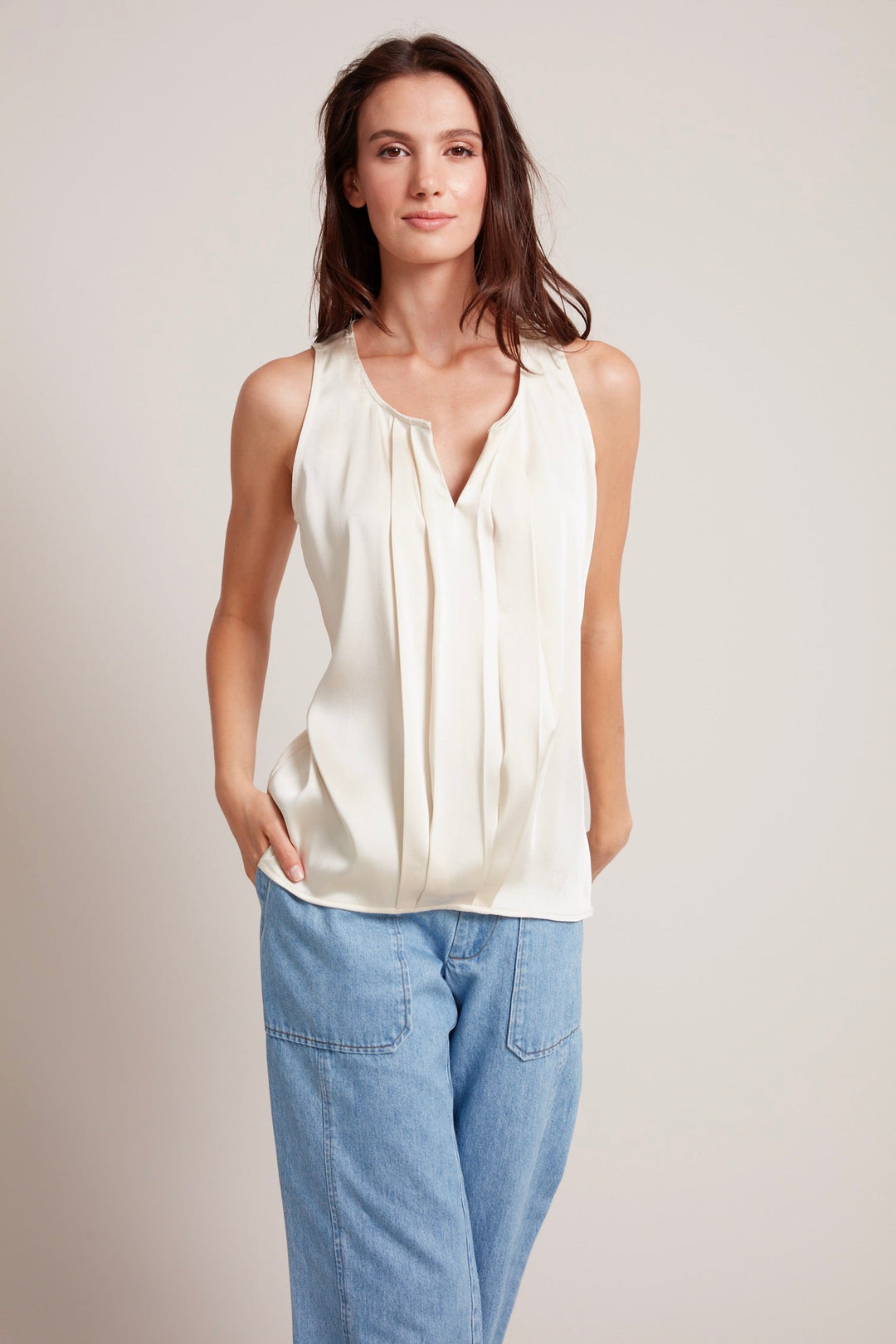 Adroit Atelier Tasha Sleeveless Front Key Hole Blouse in Champagne available at Barbara Katz