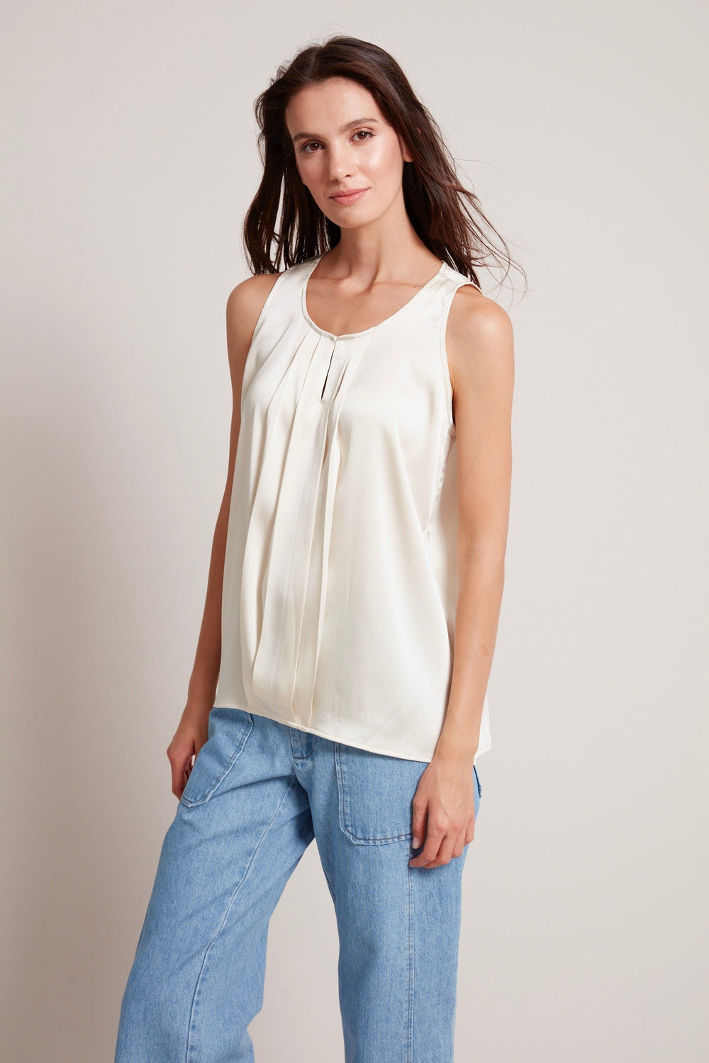 Adroit Atelier Tasha Sleeveless Front Key Hole Blouse in Champagne available at Barbara Katz