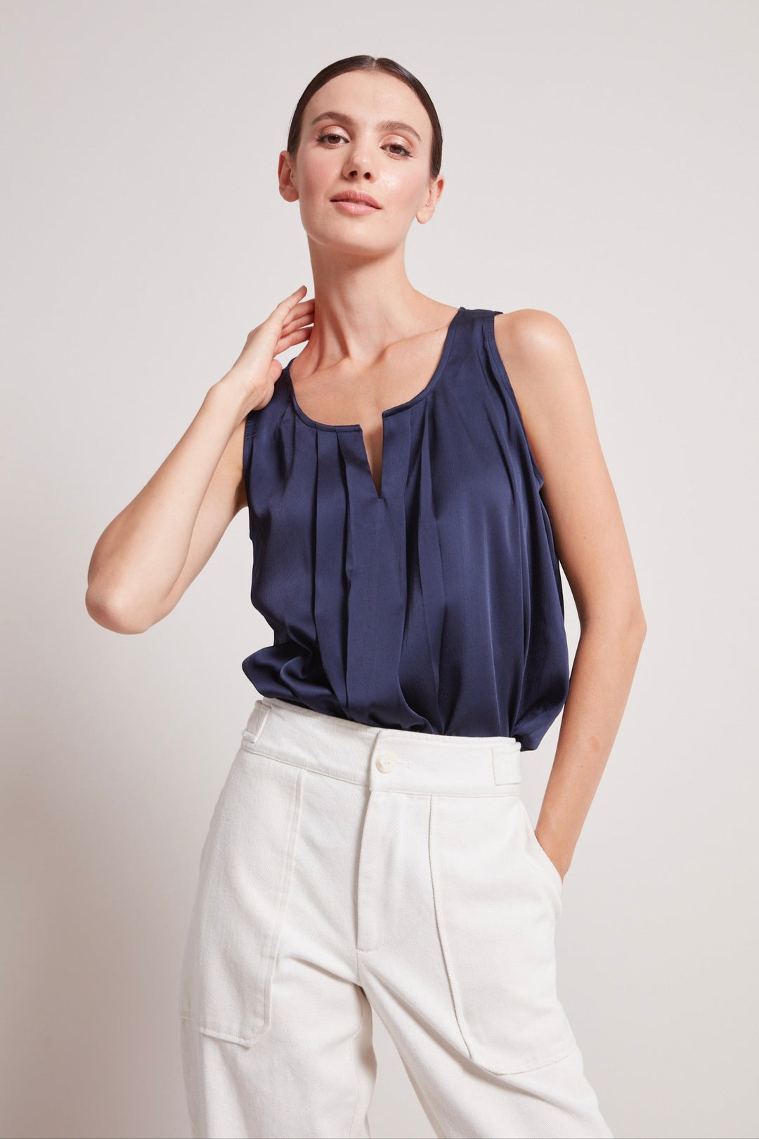 Adroit Atelier Tasha Sleeveless Front Key Hole Blouse in Navy available at Barbara Katz