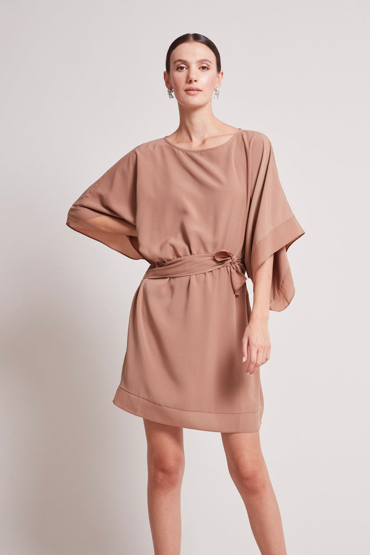 Adroit Atelier Teagan Kimono Sleeve Inspired Dress in Cafe Ole available at Barbara Katz