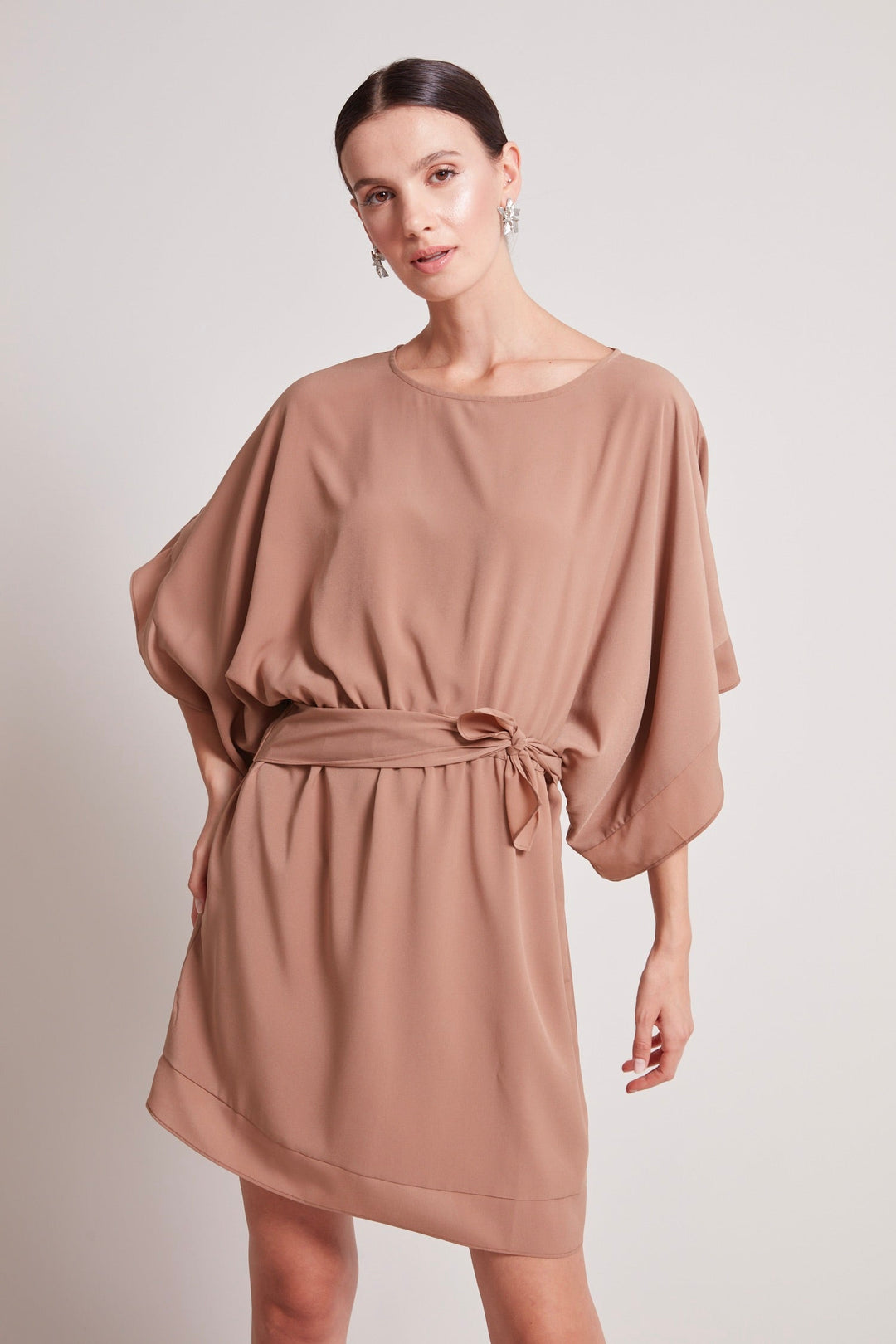 Adroit Atelier Teagan Kimono Sleeve Inspired Dress in Cafe Ole available at Barbara Katz