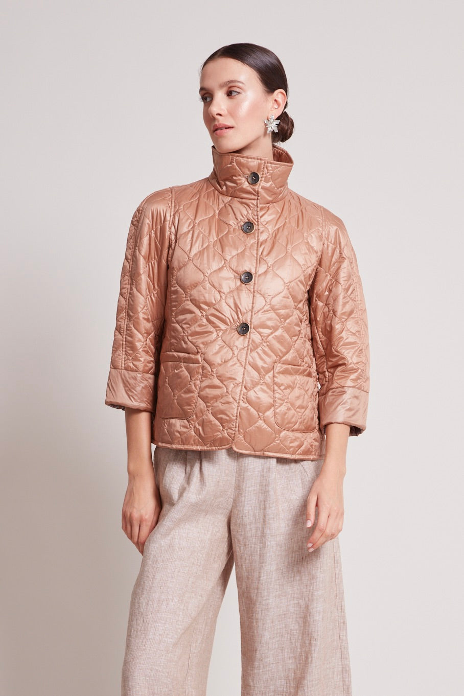 Adroit Atelier Tenley Quilted Wave 3/4 Sleeve Jacket in Cafe Ole available at Barbara Katz