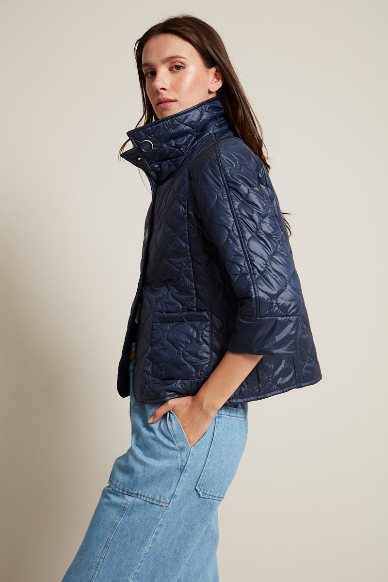 Adroit Atelier Tenley Quilted Wave 3/4 Sleeve Jacket in Navy available at Barbara Katz