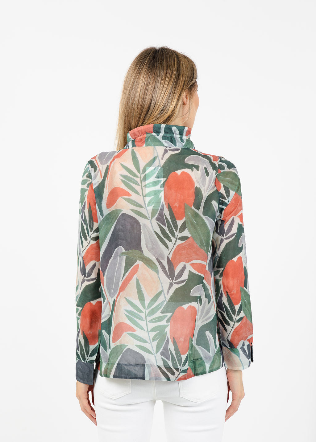 Terra Abstract Tropical Leaf Blouse in Green Olive available at Barbara Katz