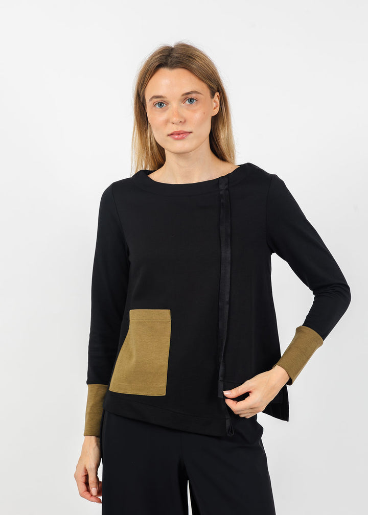 Terra Color Block Mixed Media Top in Black/Dark Olive available at Barbara Katz