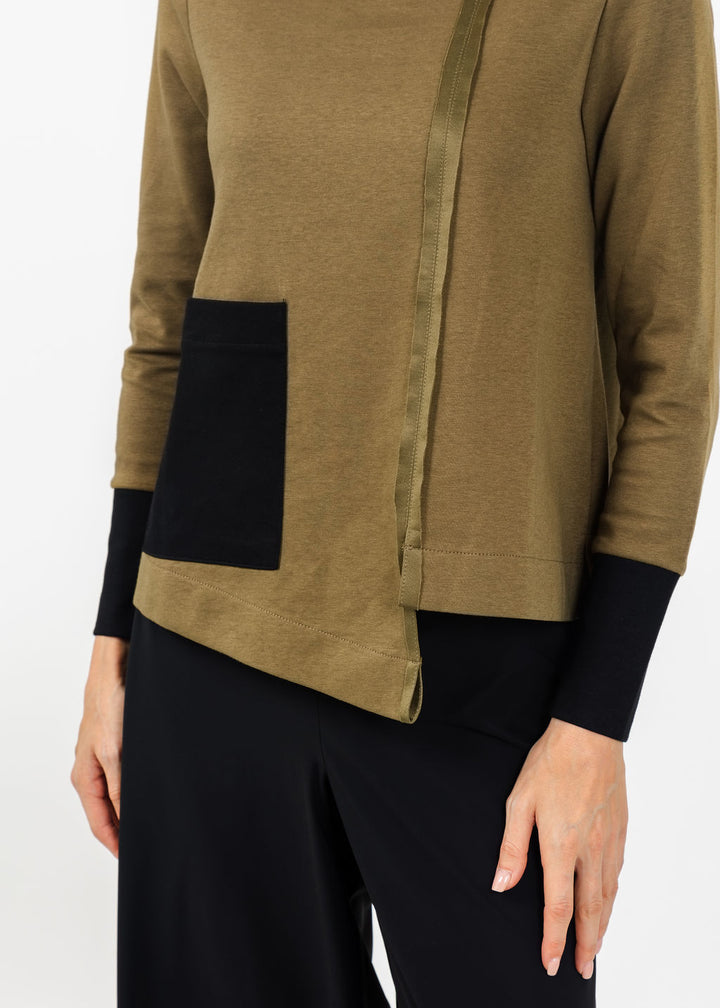 Terra Color Block Mixed Media Top in Dark Olive/Black available at Barbara Katz