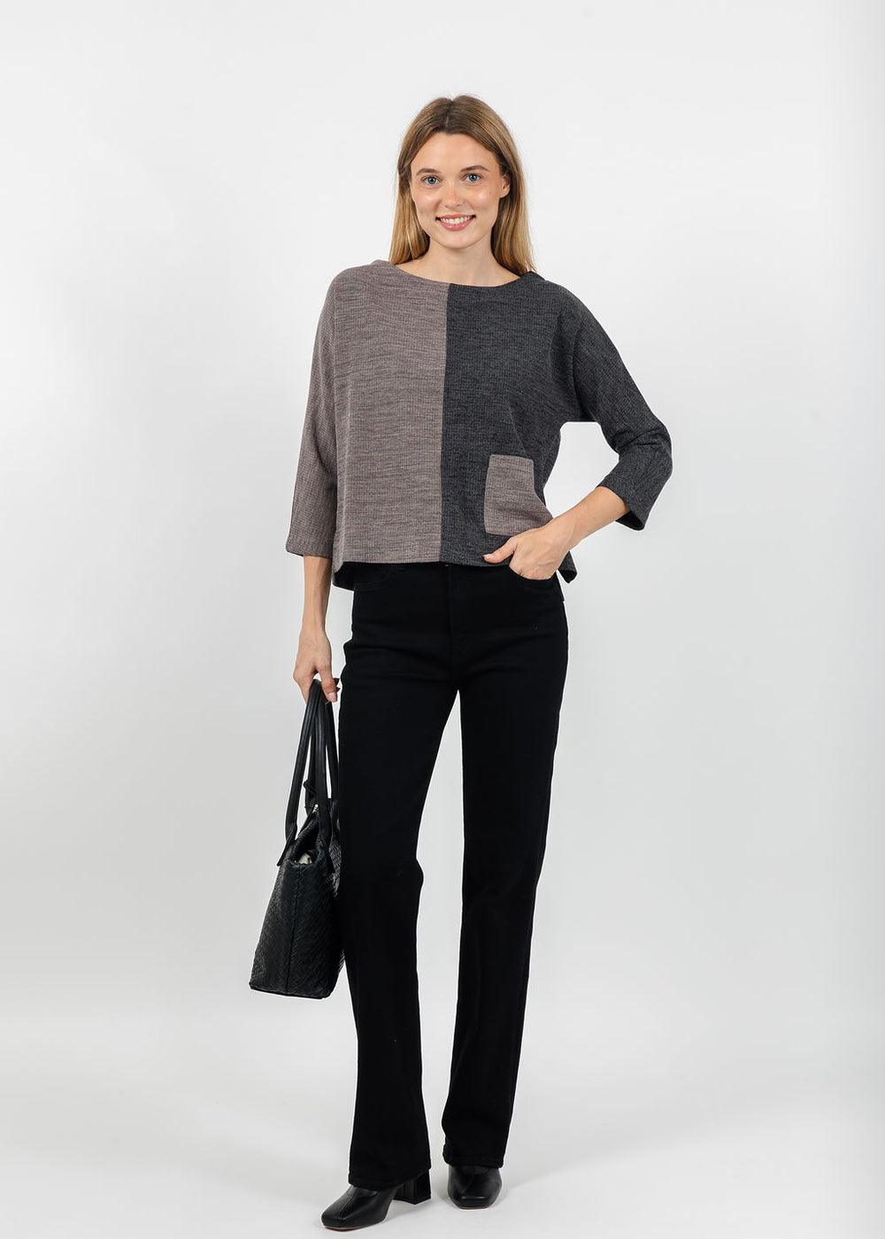 Terra Color Block Pocket Top in Grey available at Barbara Katz