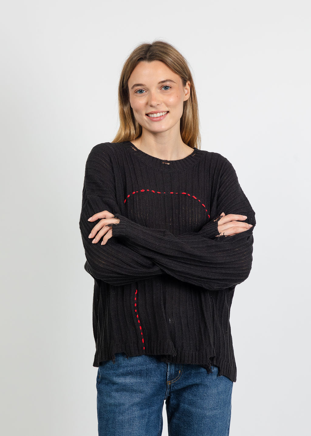 Terra Contrast Stitch and Rib Sweater in Black available at Barbara Katz