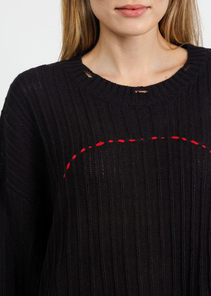 Terra Contrast Stitch and Rib Sweater in Black available at Barbara Katz
