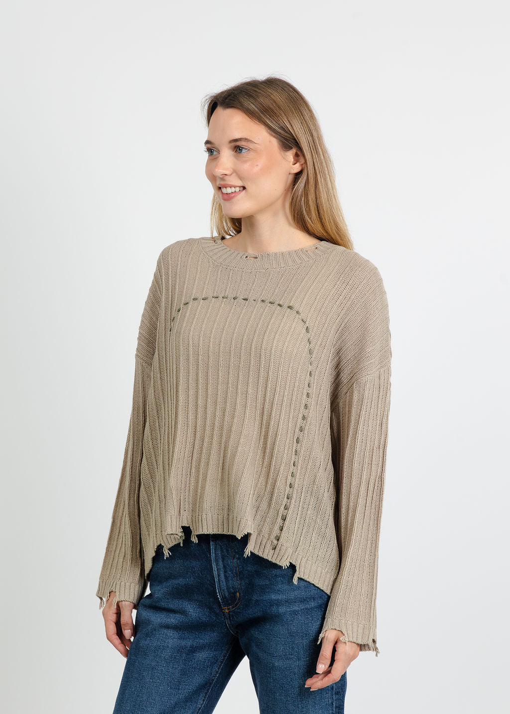 Terra Contrast Stitch and Rib Sweater in Light Beige available at Barbara Katz