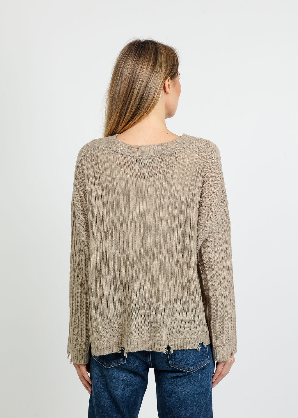 Terra Contrast Stitch and Rib Sweater in Light Beige available at Barbara Katz