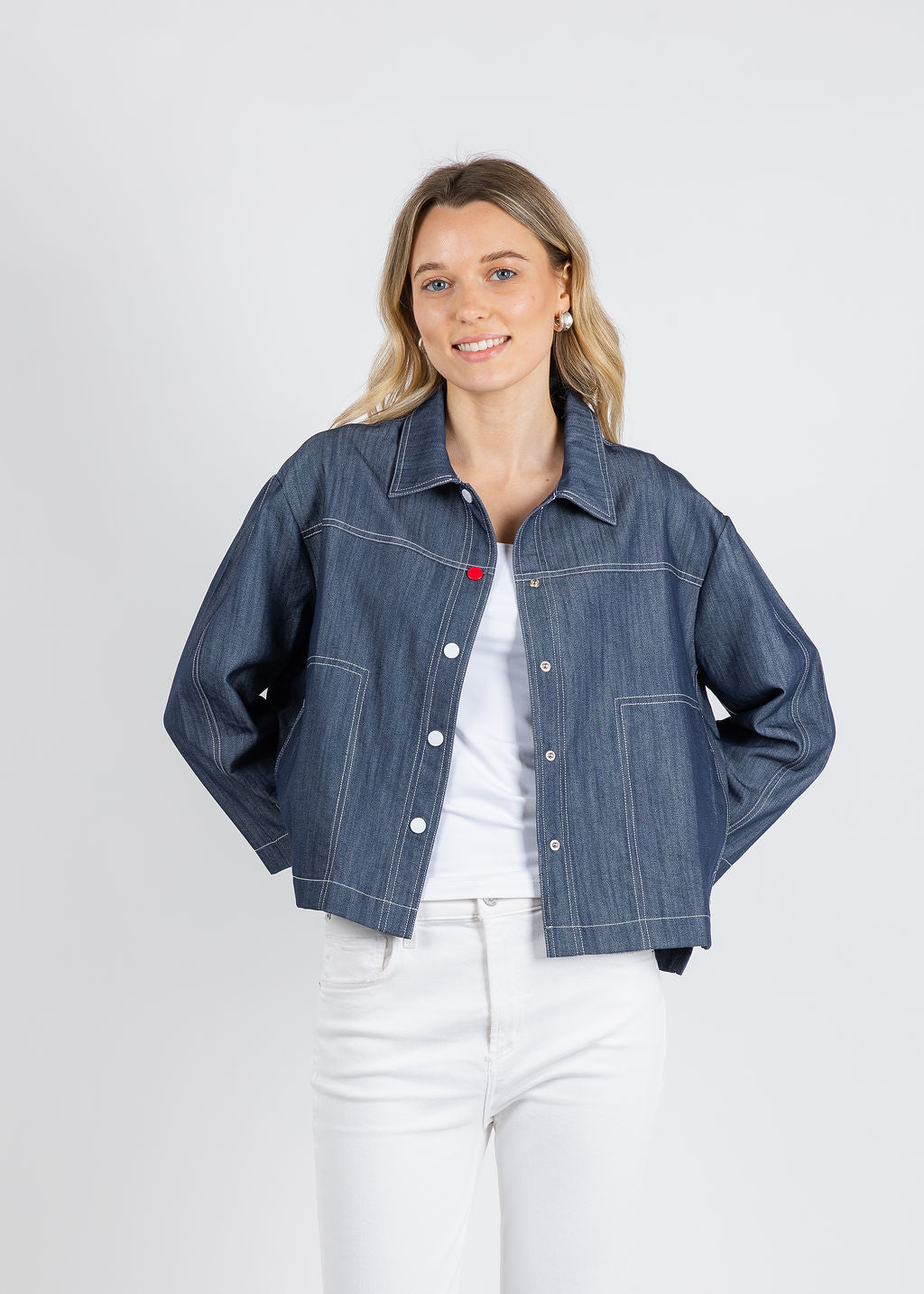 Terra Crop Denim Top in Denim available at Barbara Katz