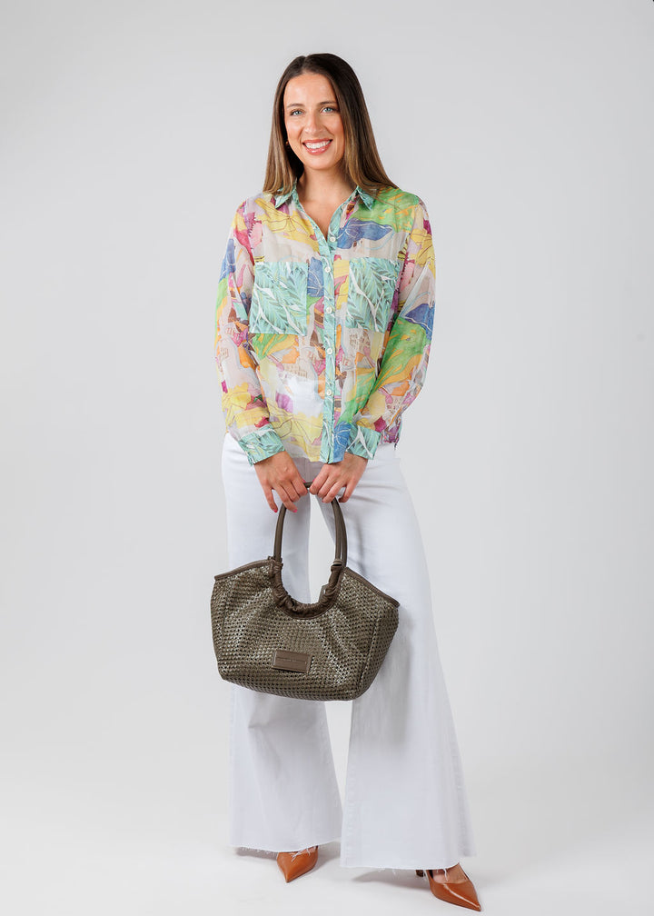 Terra Floral Shirt in Pink Green paired with Pistola Izzy Mid Rise Wide Leg Crop Jeans in Vivid White, Daniella Lehavi Alba Tote Bag in Grey available at Barbara Katz